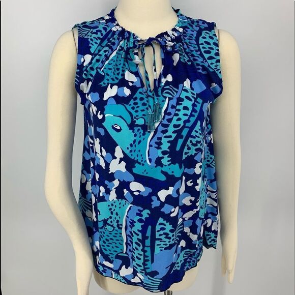 New Escapada Living Aegean Blue Fish Print Drawstring Neck Casual Beach Top [xs] - Picture 1 of 9
